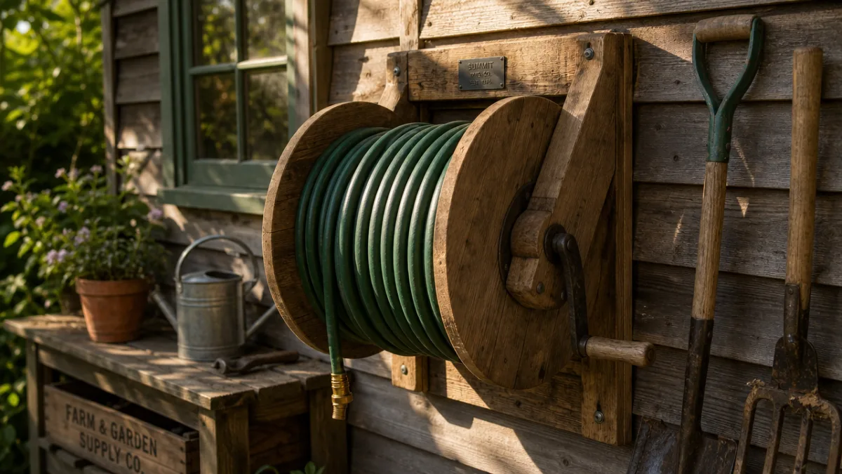 a rustic wooden hose reel mounted on a shed wall, afternoon sunlight…