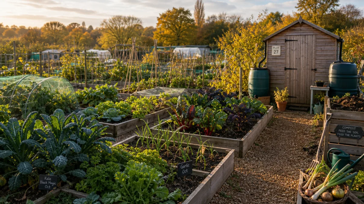 an organised allotment plot in autumn light, raised beds with winter crops,…