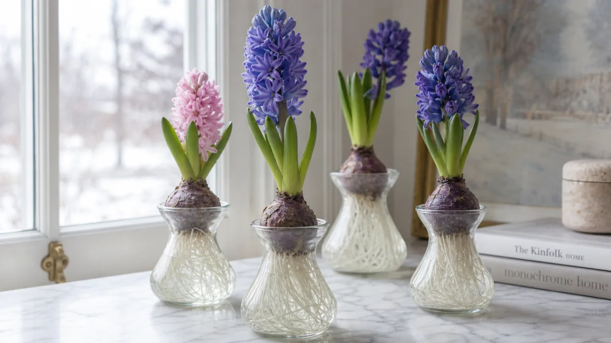 several hyacinth bulbs in glass forcing vases on a white marble countertop,…