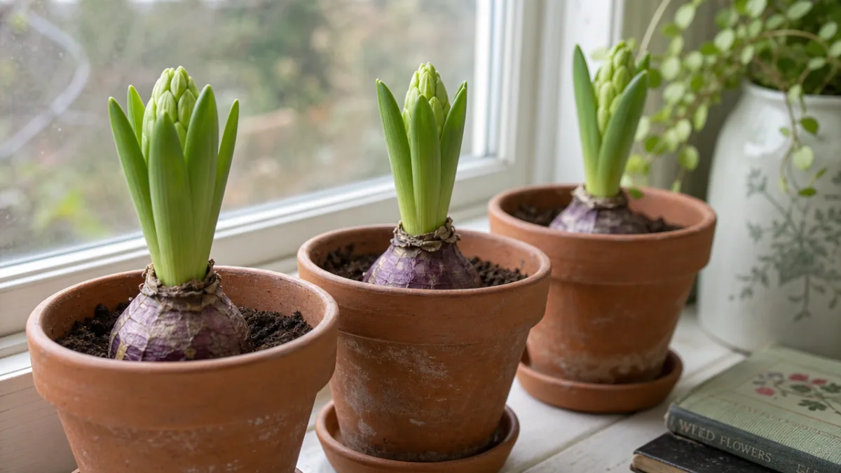 potted hyacinth bulbs in terracotta pots on a windowsill with pale green…