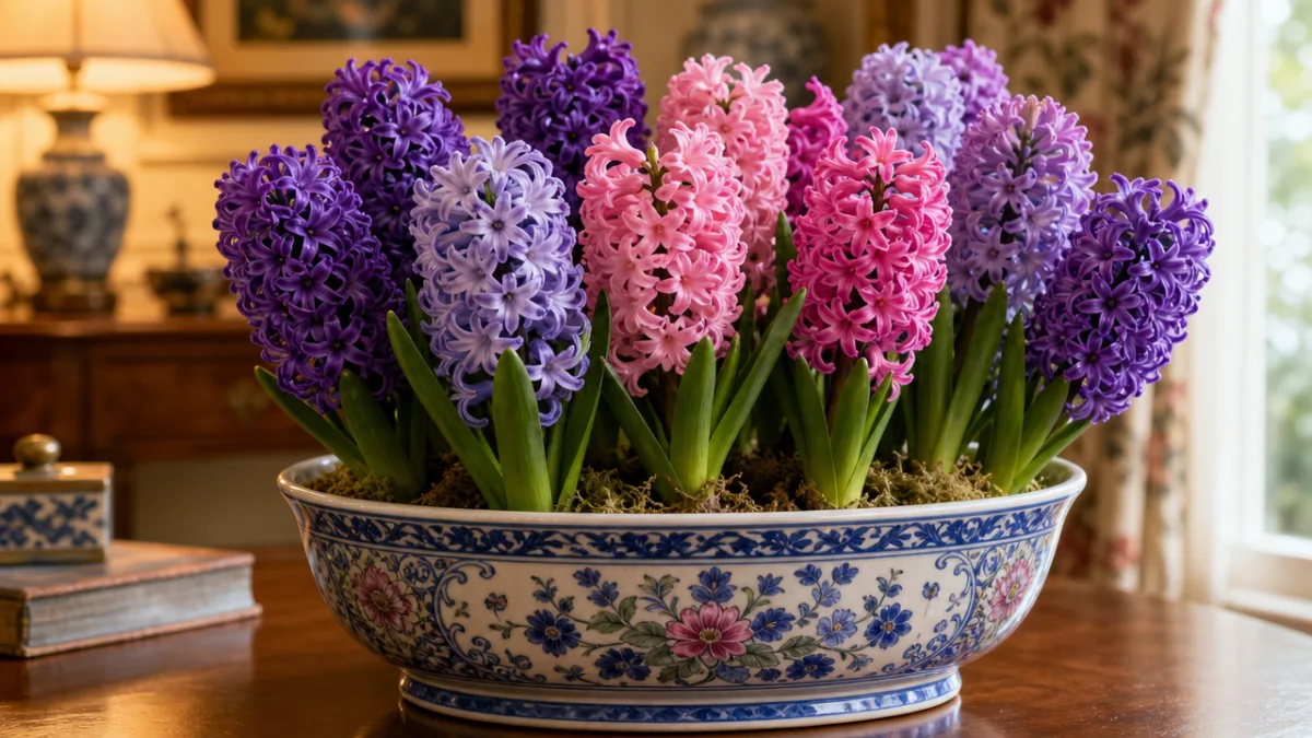 a lush cluster of purple and pink hyacinths in full bloom in…