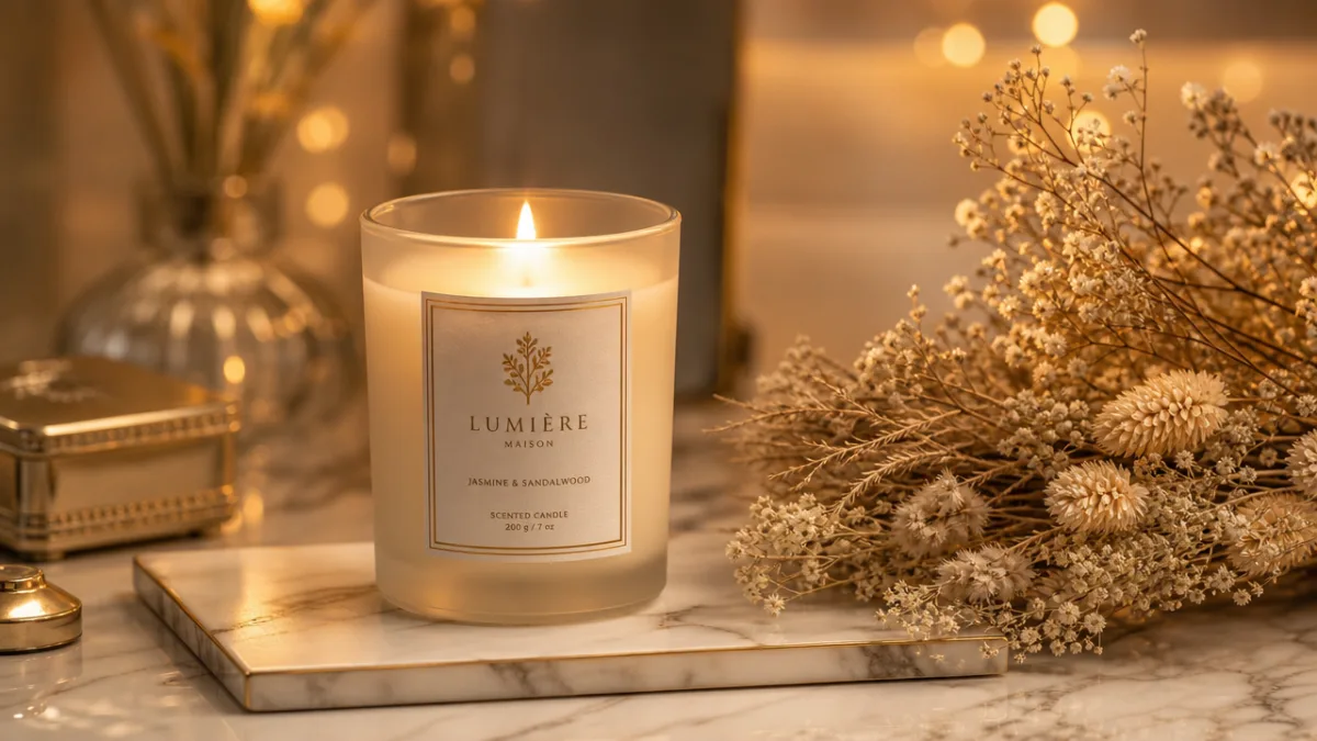 an elegant aromatic candle on a marble surface with warm golden bokeh…