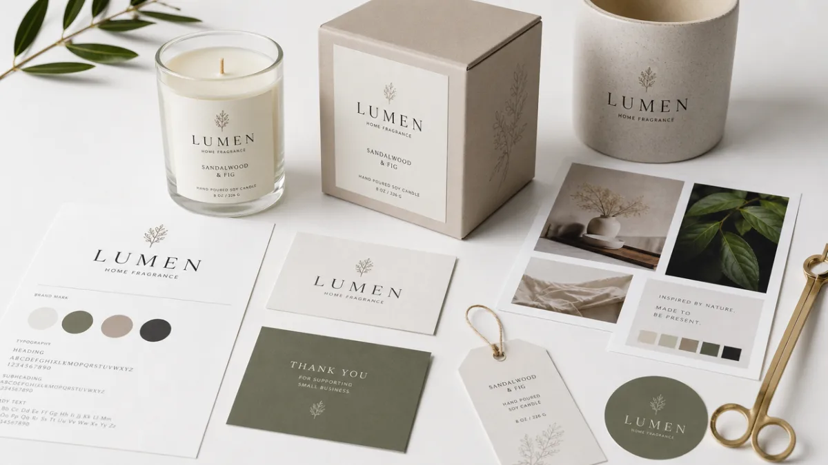 a flat lay of candle design mockups and branding materials on a…