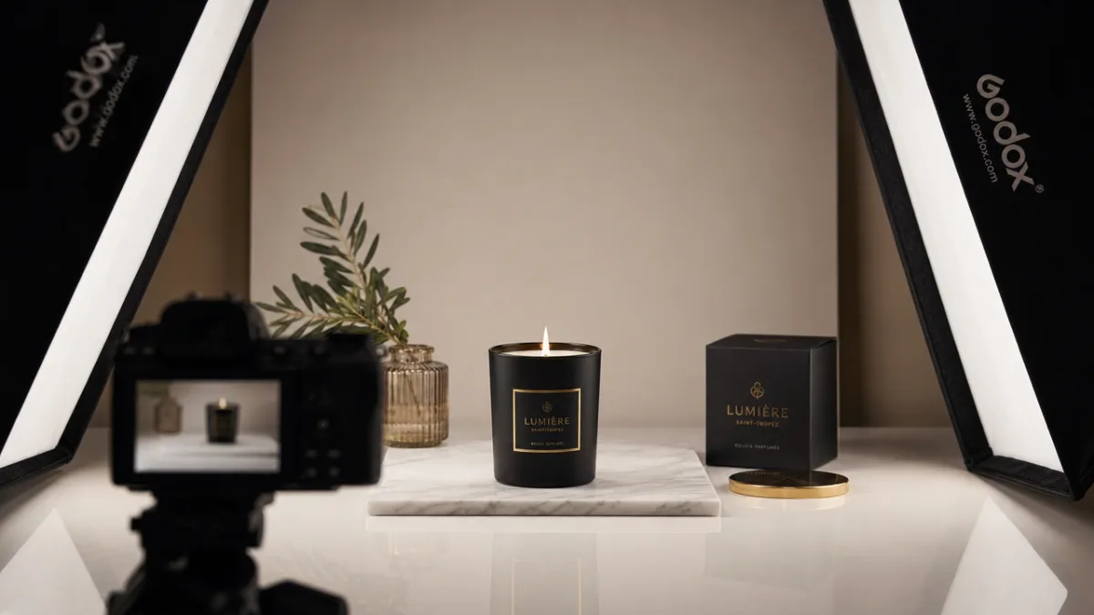 a professional photography setup for product shots with softbox lights and a…