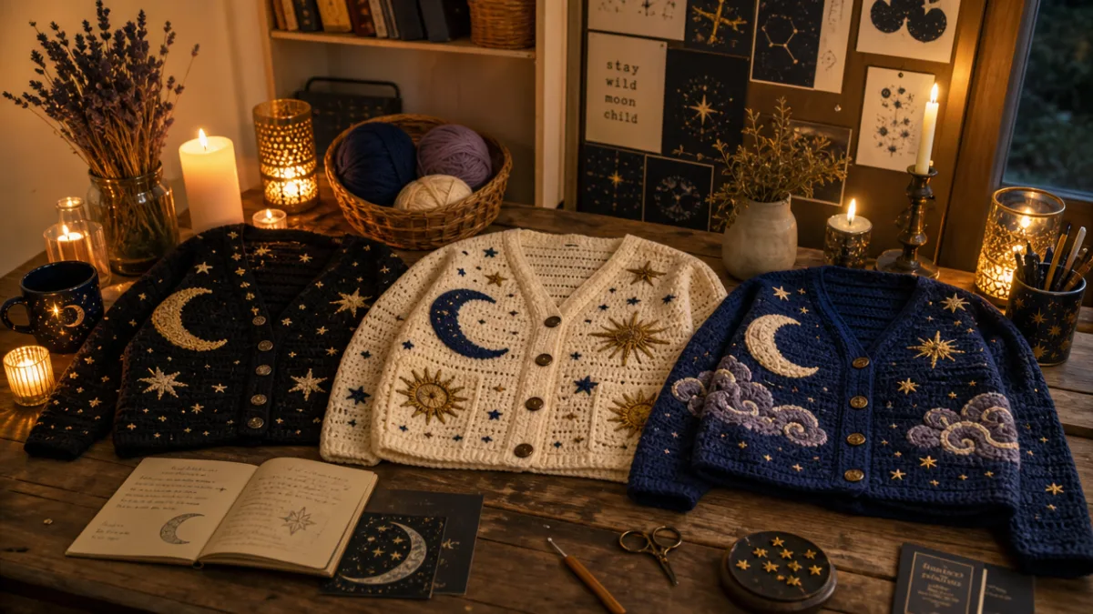 a cozy creative workspace with celestial-themed crochet cardigans displayed on a wooden…