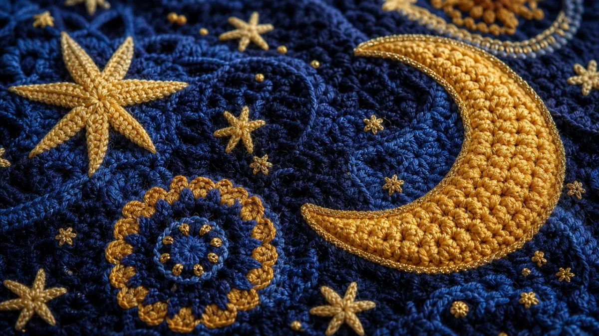 a close-up of richly colored celestial crochet fabric with star and moon…