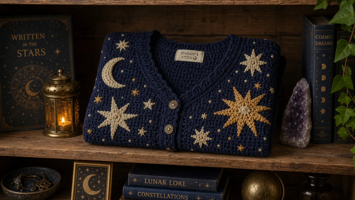 a neatly folded celestial crochet cardigan with star motifs displayed on rustic…