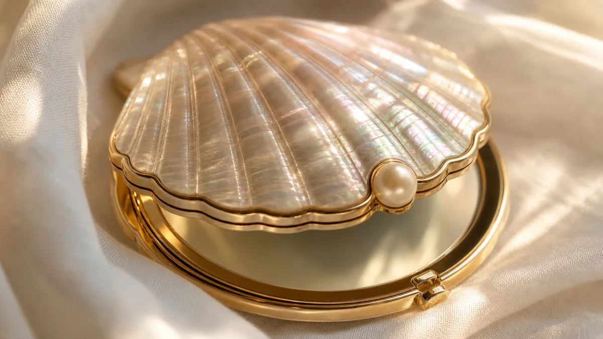 a close-up of a sea shell pearl compact mirror on soft white…