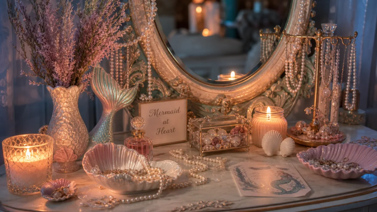 a styled vanity table with mermaid accessories, soft shells and pearl jewelry,…