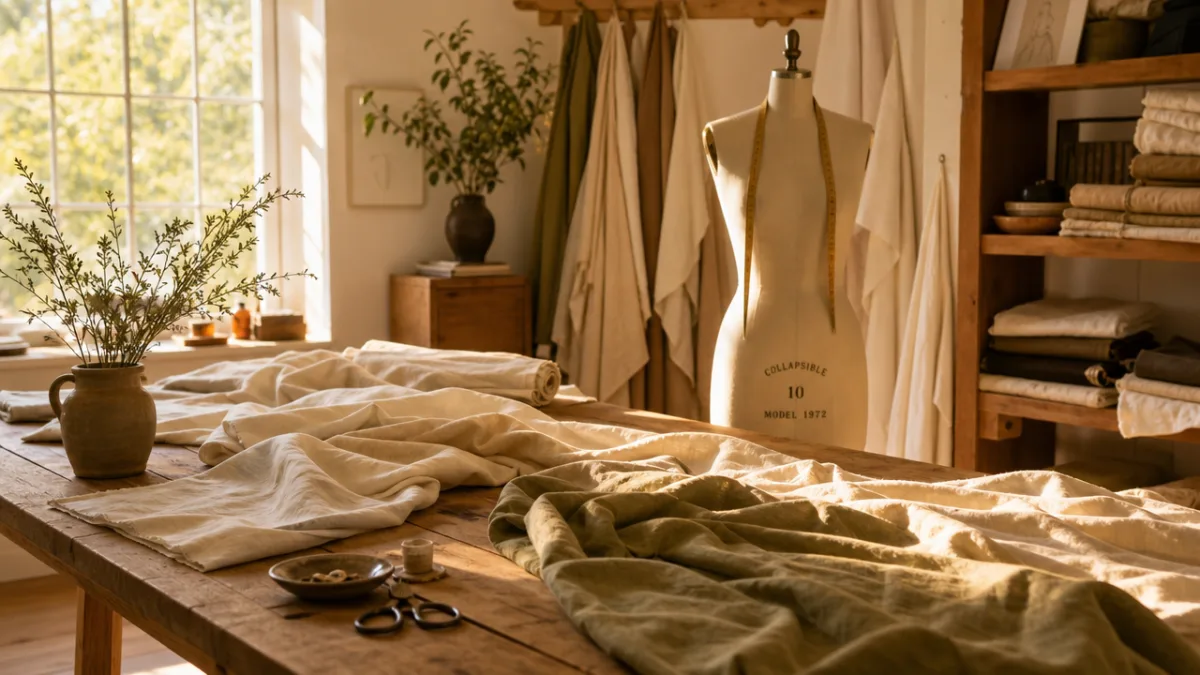 a sunlit atelier with natural fabrics draped over wooden surfaces, warm golden…