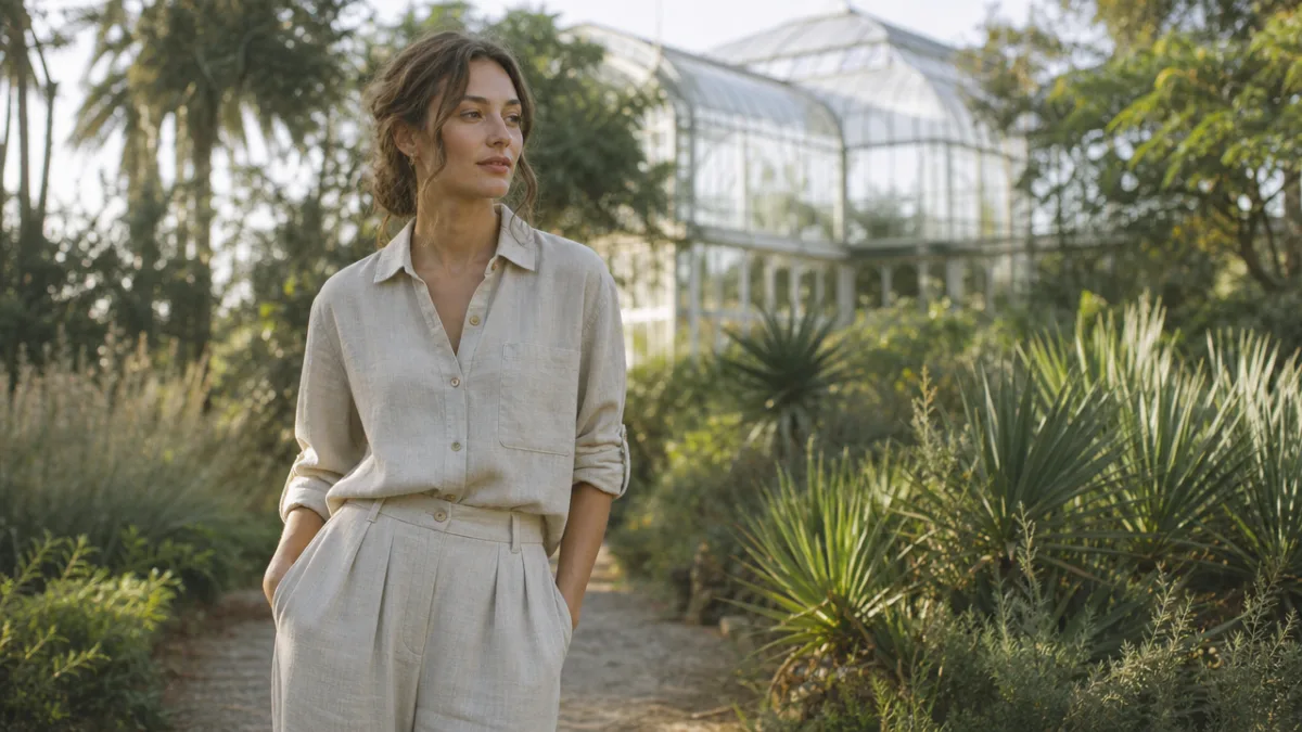 a model in elegant sustainable linen clothing standing outdoors in a botanical…