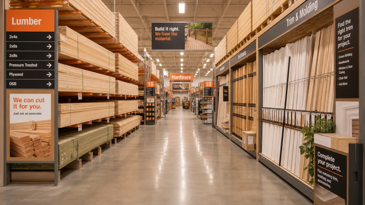 a well-lit home improvement store aisle lined with lumber and trim, warm…