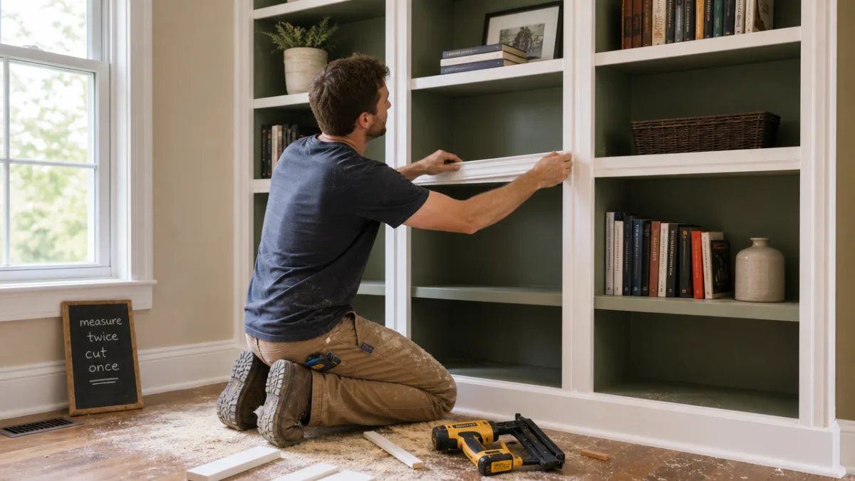 a DIY builder applying white trim to built-in bookshelves, soft natural light…