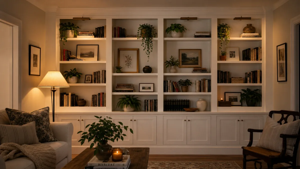 a finished built-in bookshelf wall painted white, styled with books and plants,…