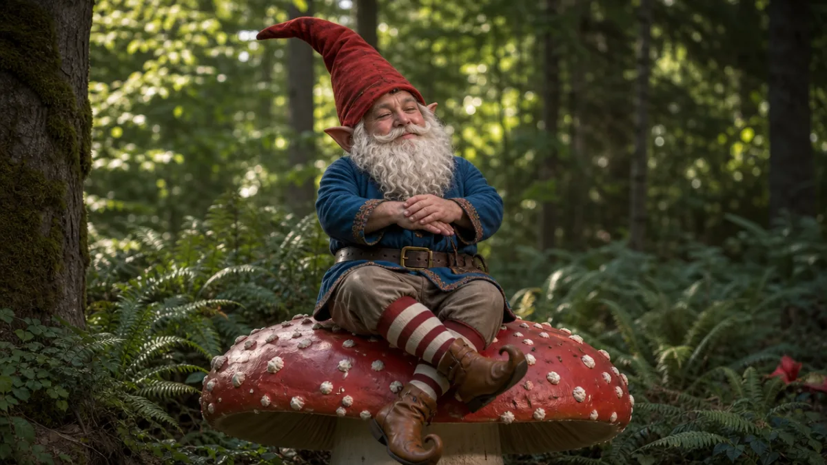 a performer in a detailed gnome costume sitting peacefully on a giant…