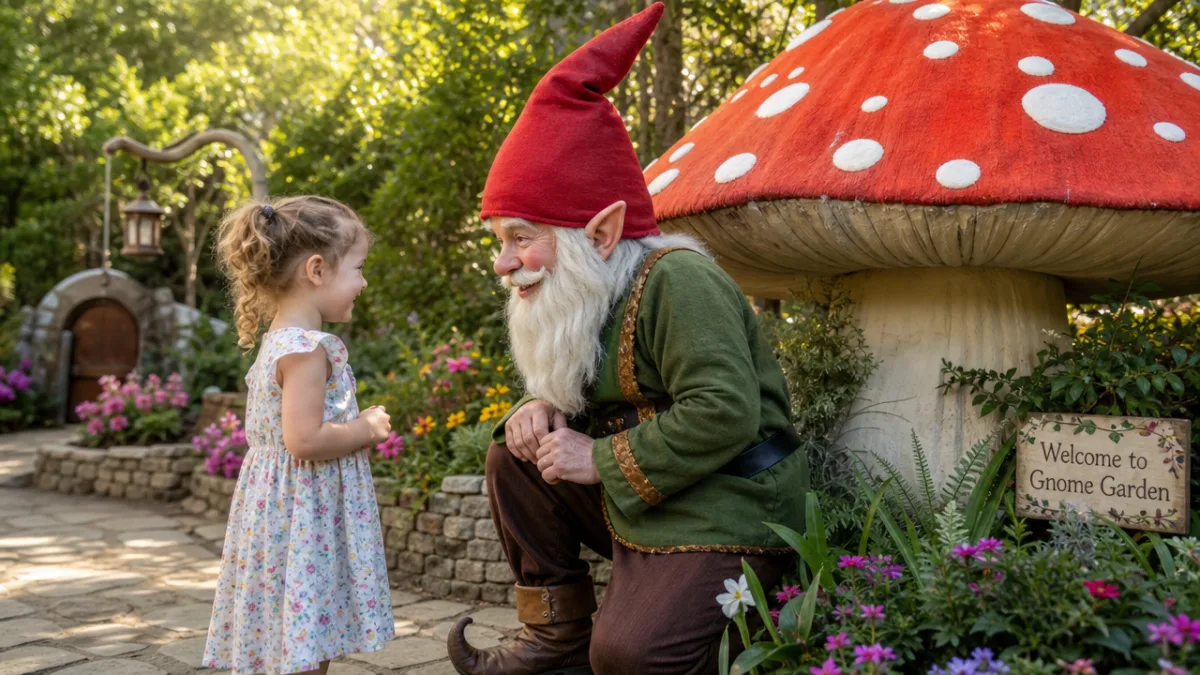 a child meeting a costumed gnome character beside a giant mushroom prop…