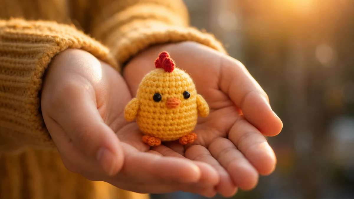 a tiny yellow crocheted chicken amigurumi held in open hands, warm golden…