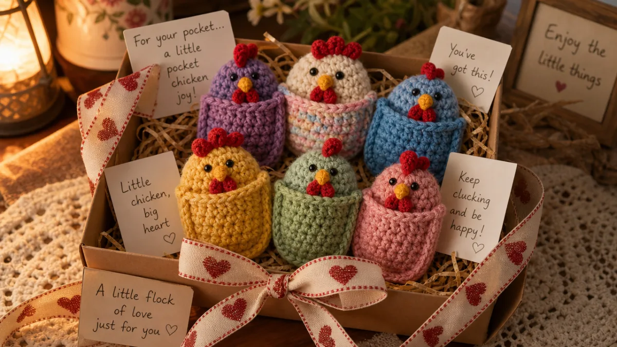 several colorful crocheted pocket chickens arranged in a gift box with ribbon…