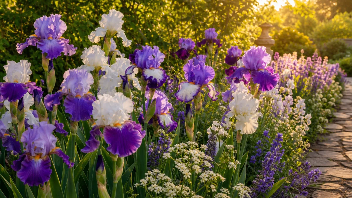 a lush garden border bursting with purple and white bearded iris flowers…