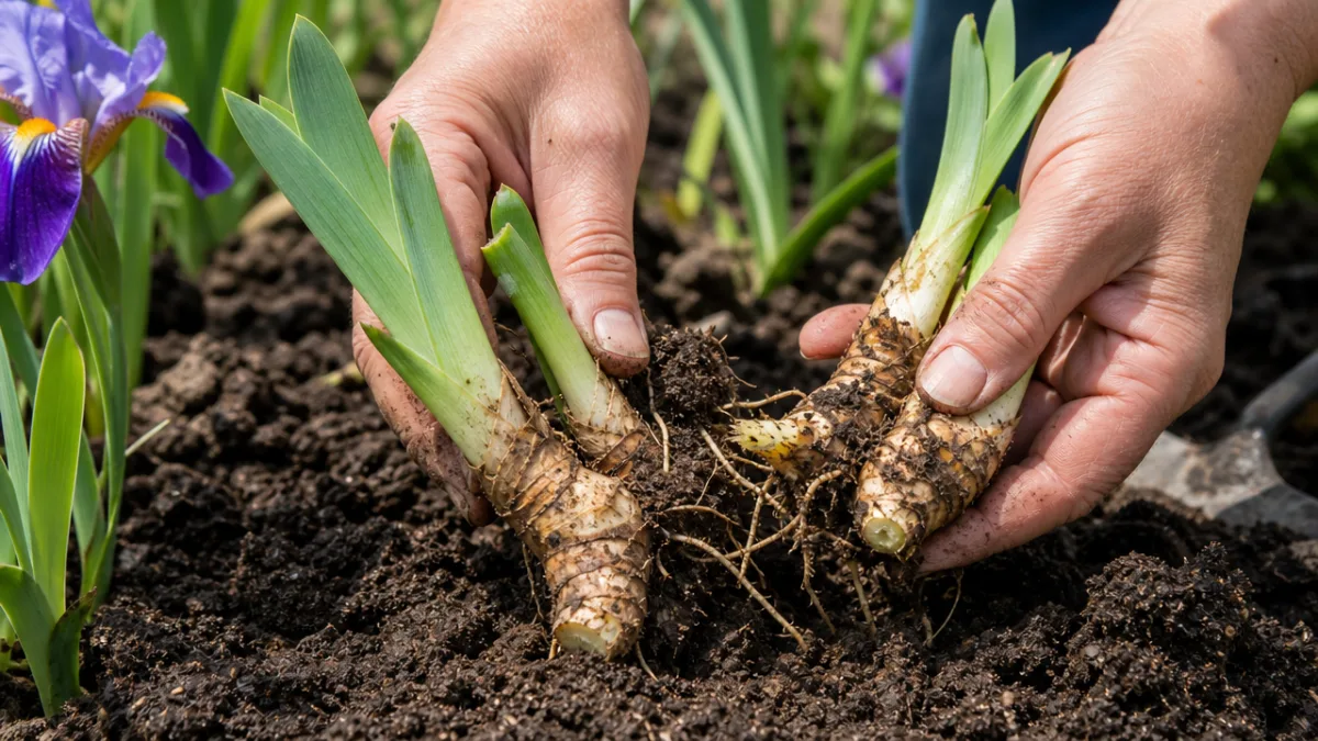 close-up of hands gently dividing iris rhizomes in rich garden soil on…