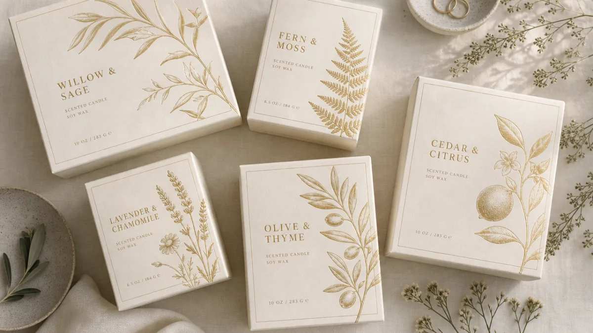 a flat lay of luxury botanical candle boxes with gold foil botanical…