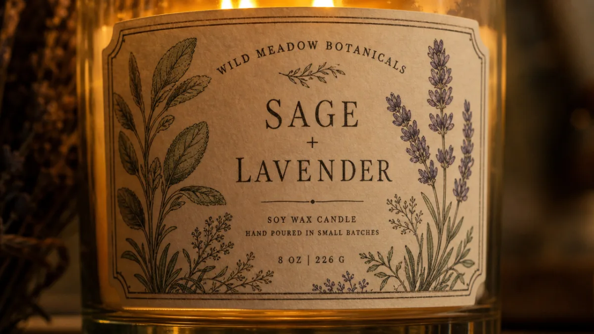 a close-up of a hand-illustrated botanical candle label on a glass jar,…
