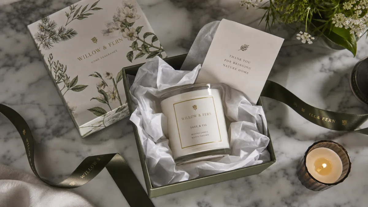 a luxury candle unboxing arrangement with tissue paper, ribbon, and botanical gift…