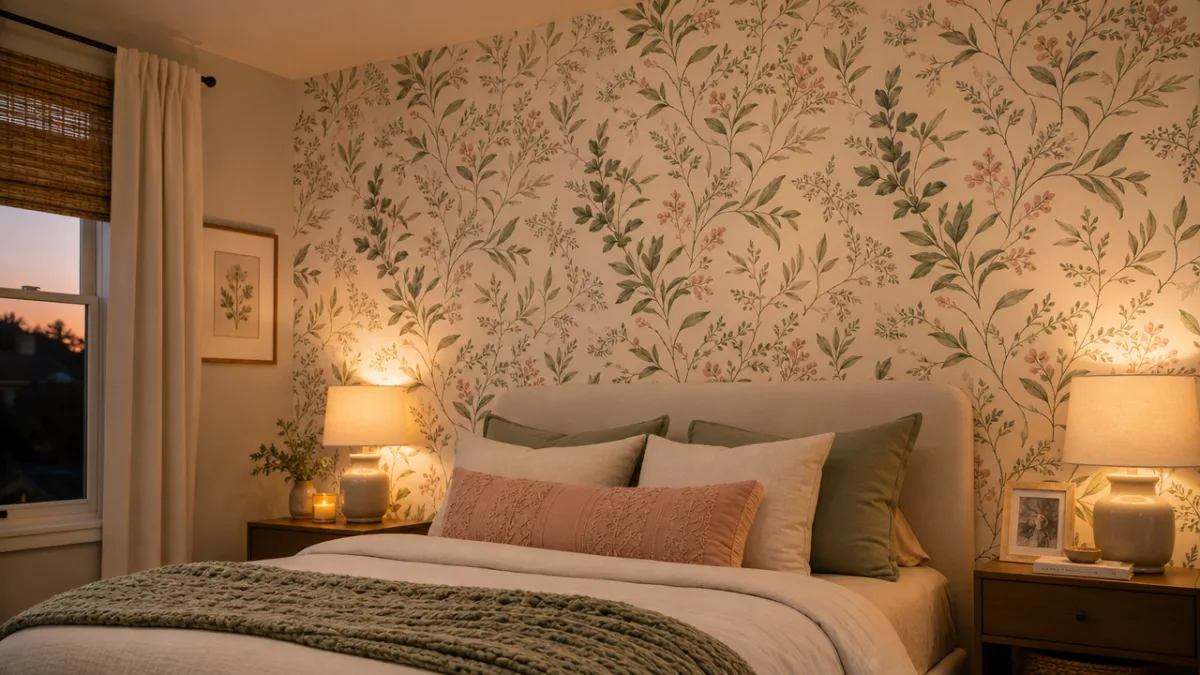a cozy bedroom accent wall covered in soft botanical peel-and-stick wallpaper, warm…