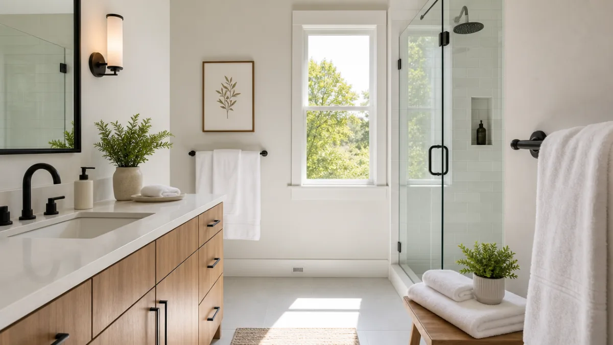 a clean modern bathroom with fresh white towels and a small potted…