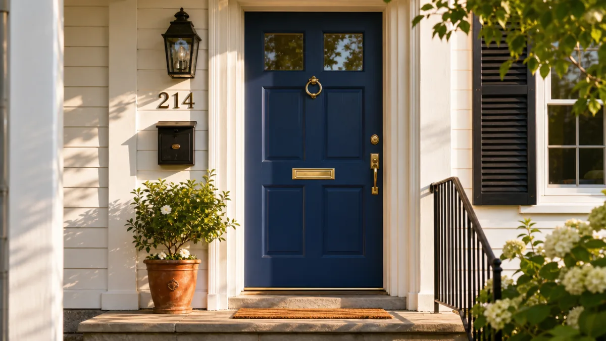 a charming front entryway with a bold painted door and a small…