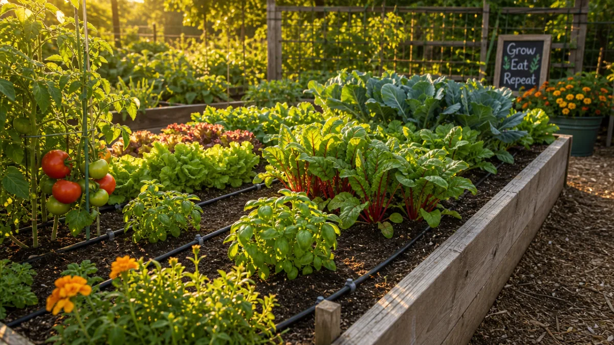 a lush raised vegetable garden with drip irrigation tubing visible between green…