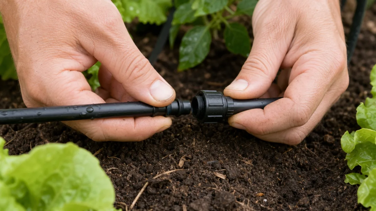 close-up of hands connecting drip irrigation fittings on a garden bed, soft…