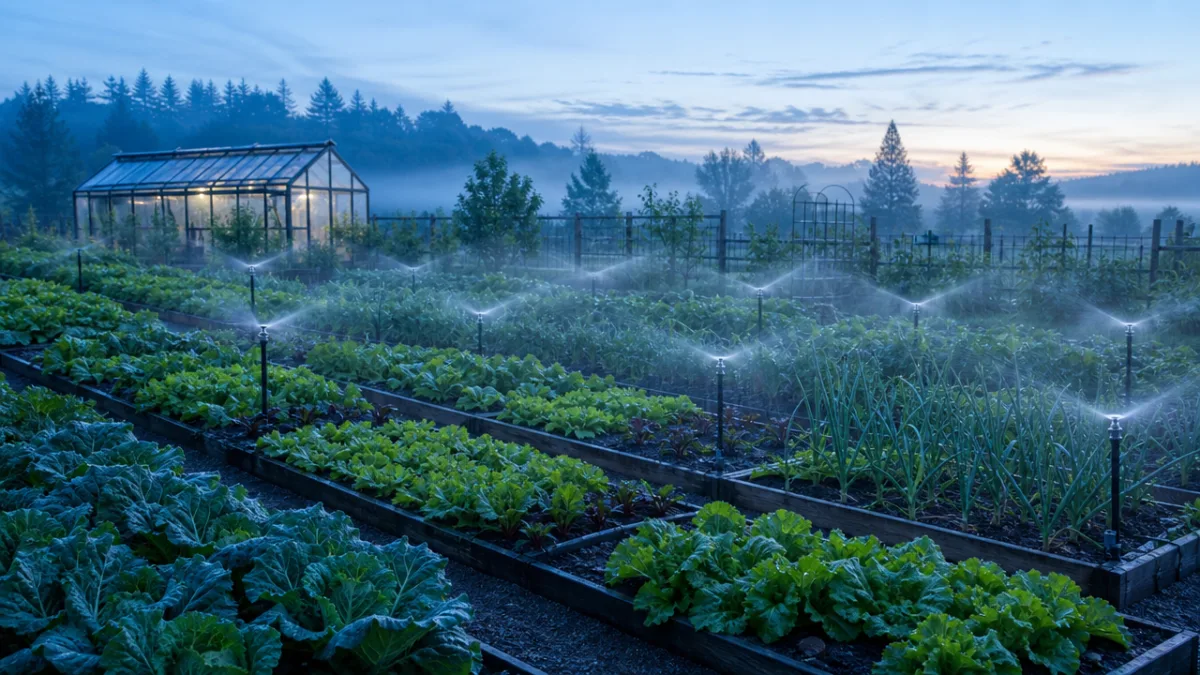 an organized vegetable garden with automated irrigation running at dawn, cool blue…