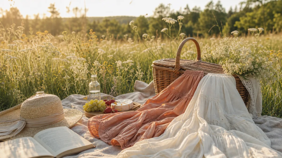 a sunlit meadow with a wicker picnic basket and flowing linen skirts…