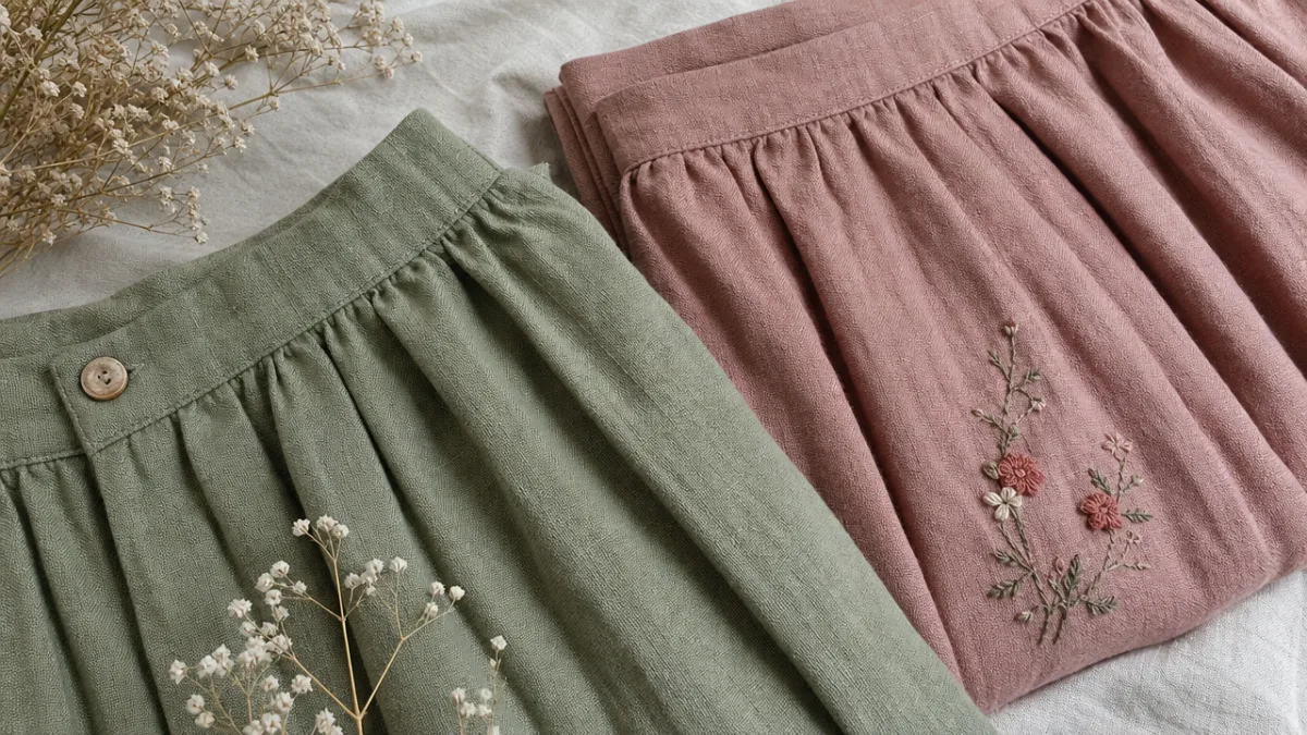 a close-up flat lay of folded linen skirts in sage green and…