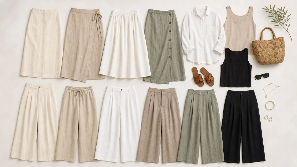 a neatly arranged capsule wardrobe flatlay of linen skirts and wide-leg trousers…