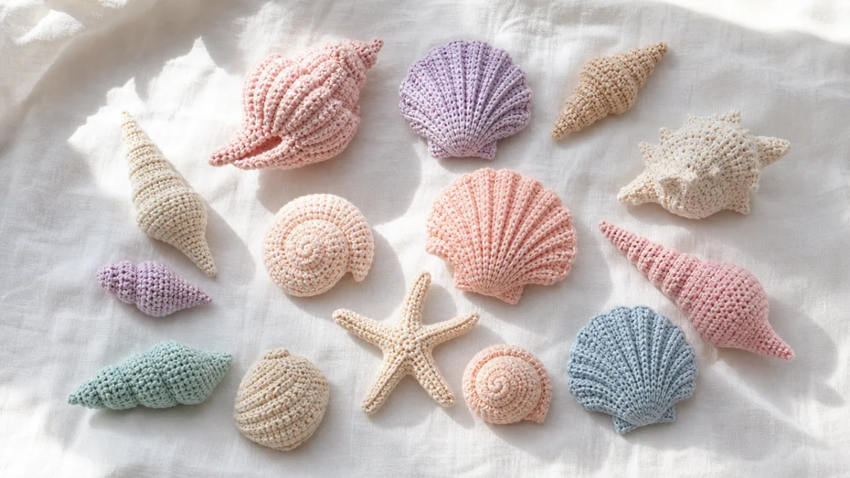 a flat lay of pastel crochet seashells arranged on white linen fabric,…