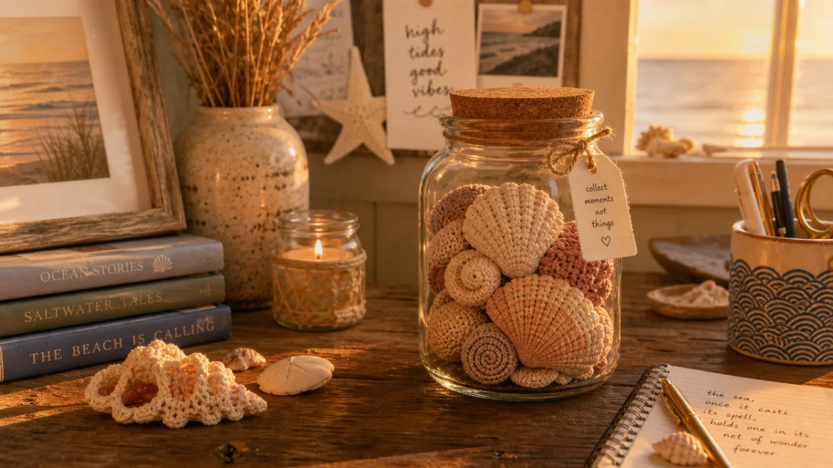 a cozy wooden desk with crocheted seashells in a glass jar, warm…
