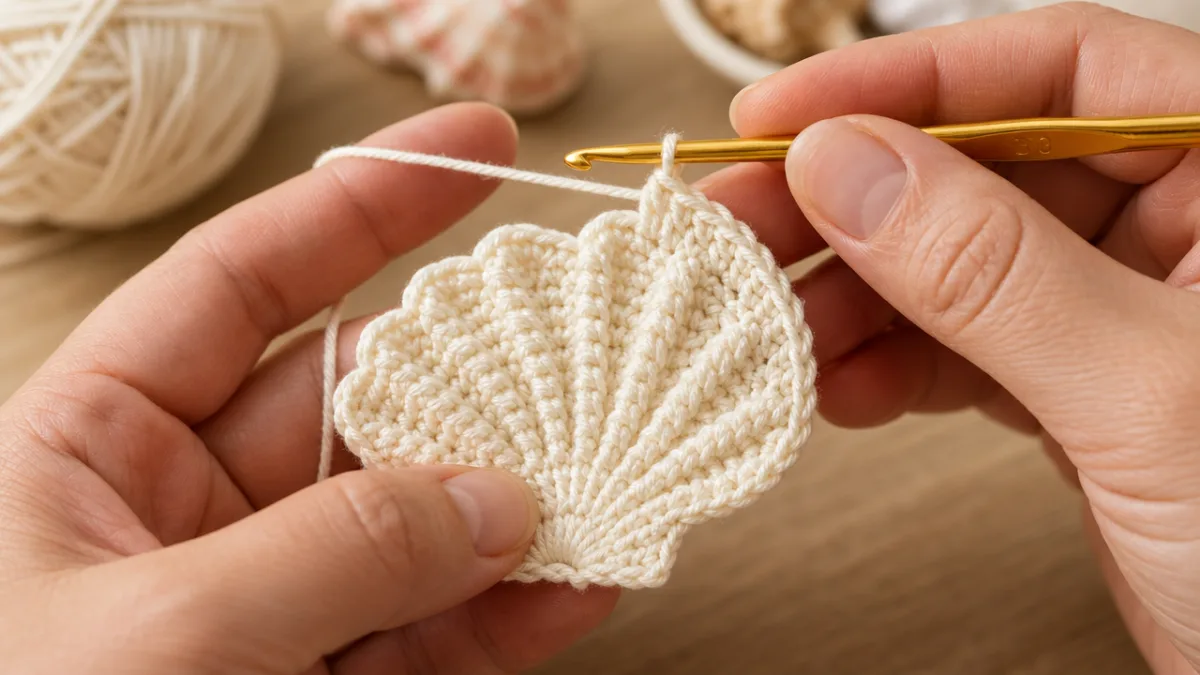 a close-up of hands crocheting a delicate seashell in cream cotton yarn,…