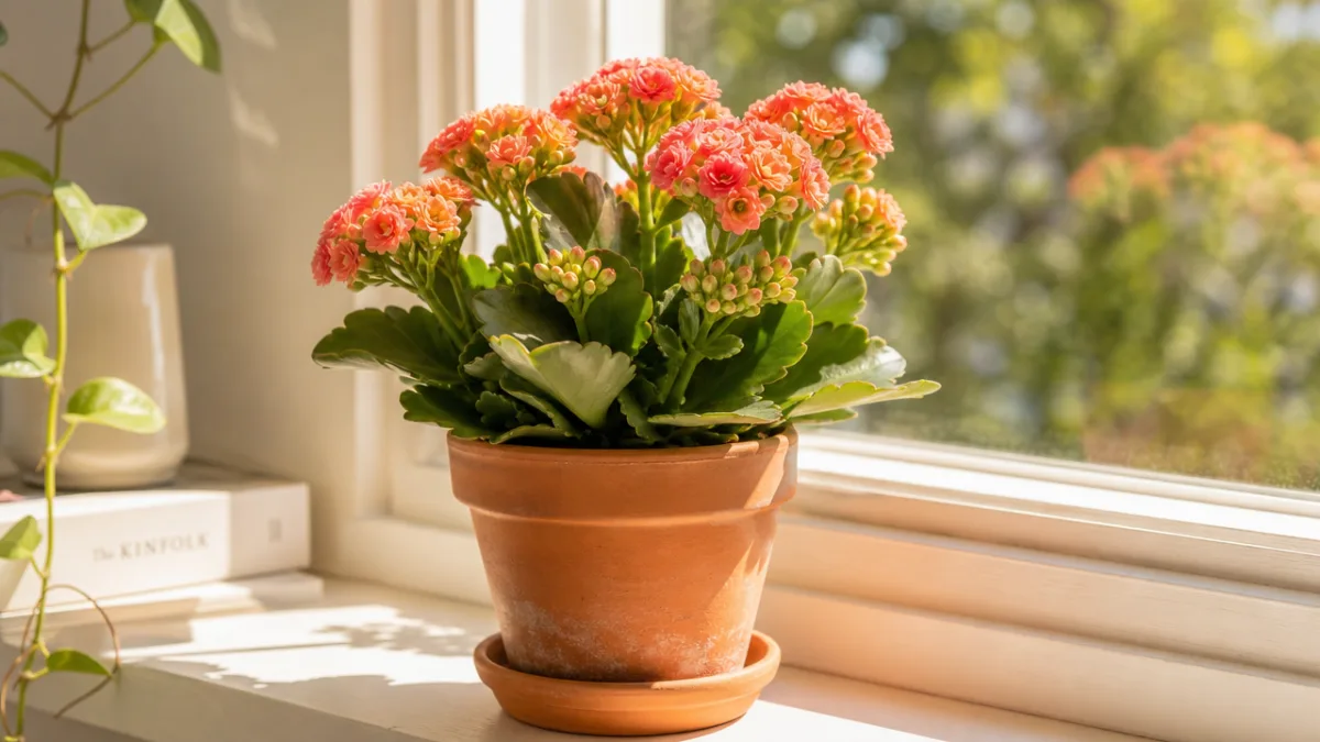 a kalanchoe plant in a terracotta pot on a bright sunny windowsill,…