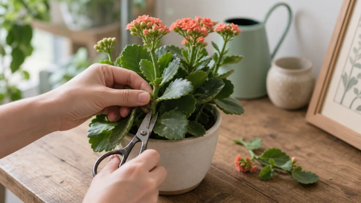 kalanchoe plant being pruned with small scissors on a wooden table, soft…