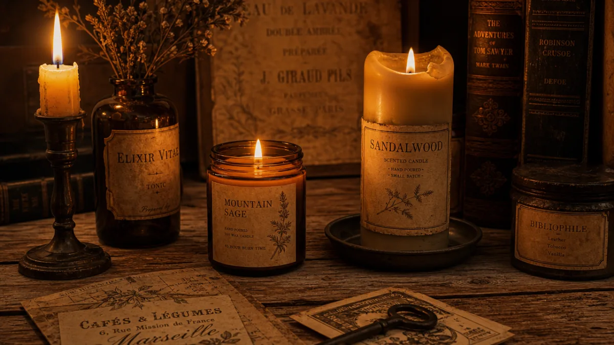a rustic wooden table with vintage candles and aged label designs, warm…