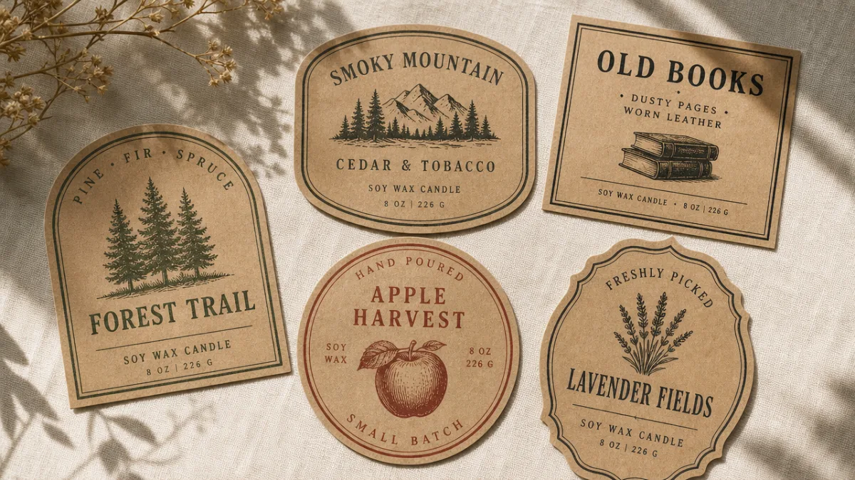 a flat lay of printed retro candle labels on kraft paper, soft…