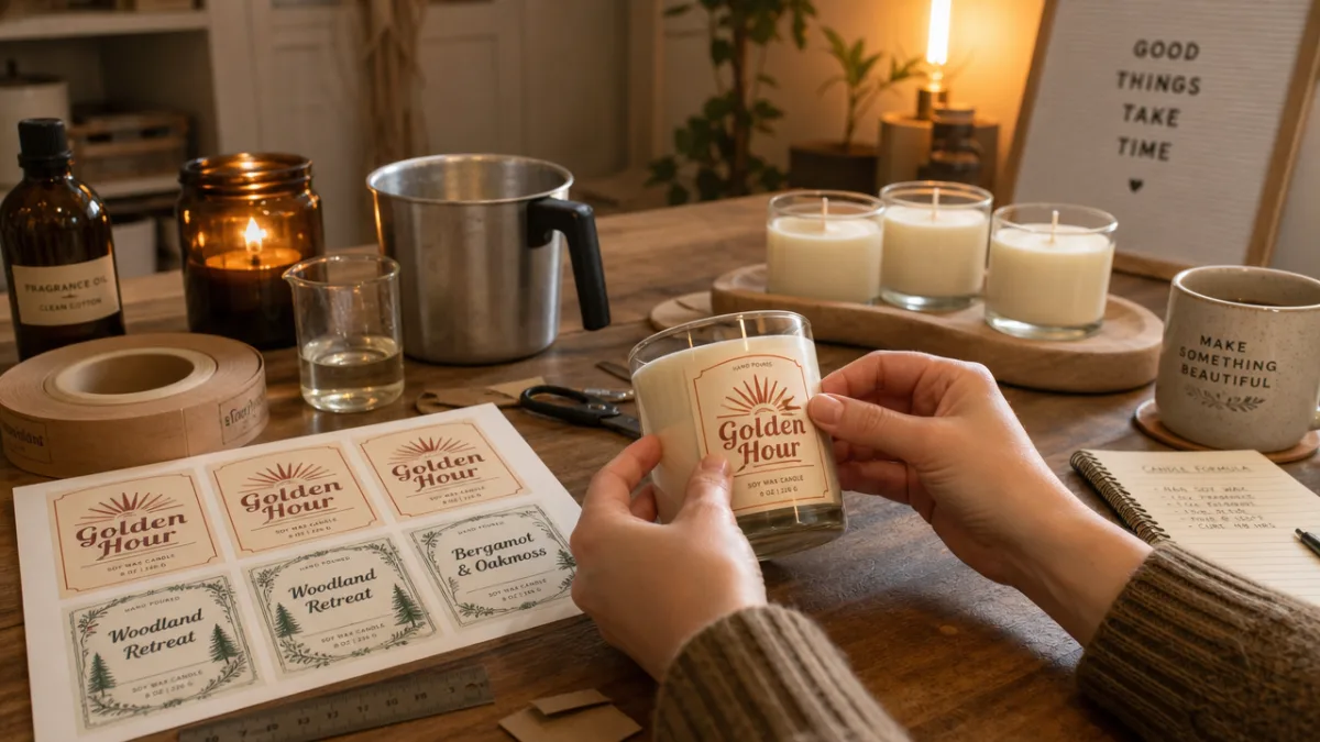 a cozy home workspace with candle-making supplies and a printed retro label…
