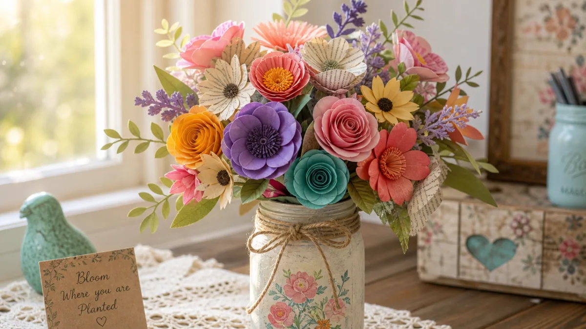 a beautifully arranged bouquet of colorful handmade paper flowers in a decorated…