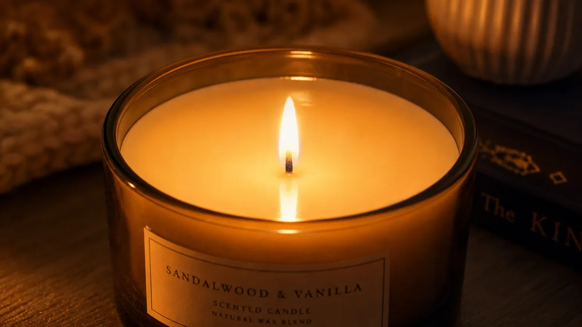 a close-up of a lit scented candle with a full wax melt…