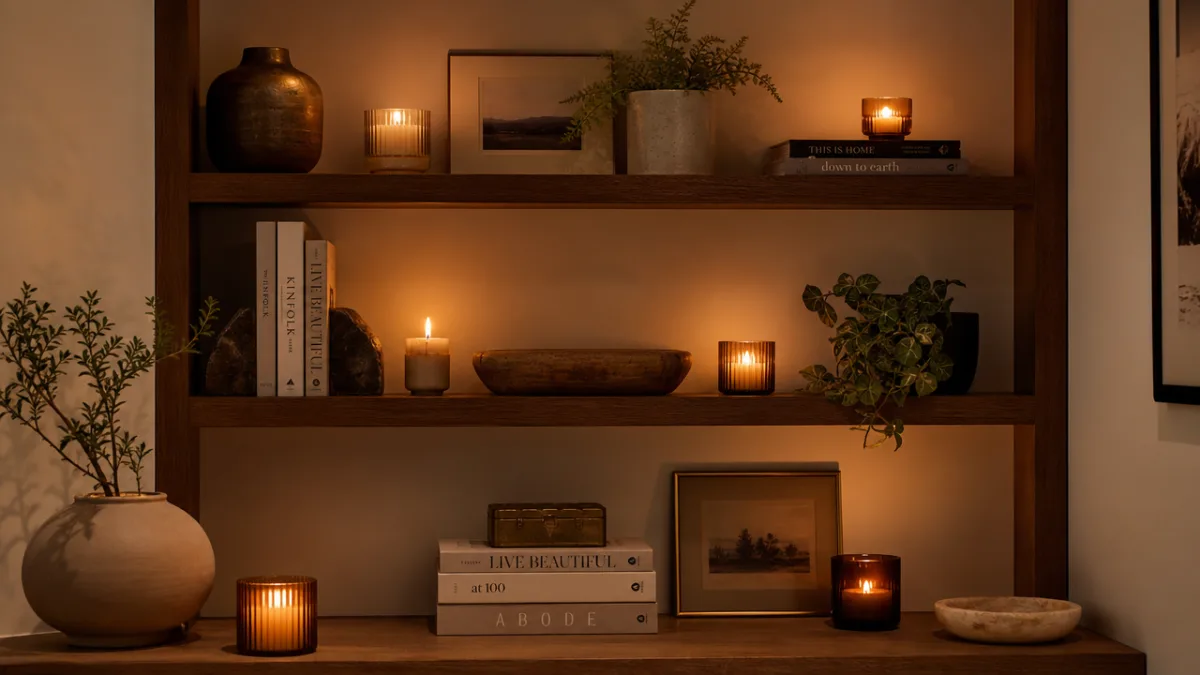 a styled home shelf with multiple lit candles arranged safely apart, warm…