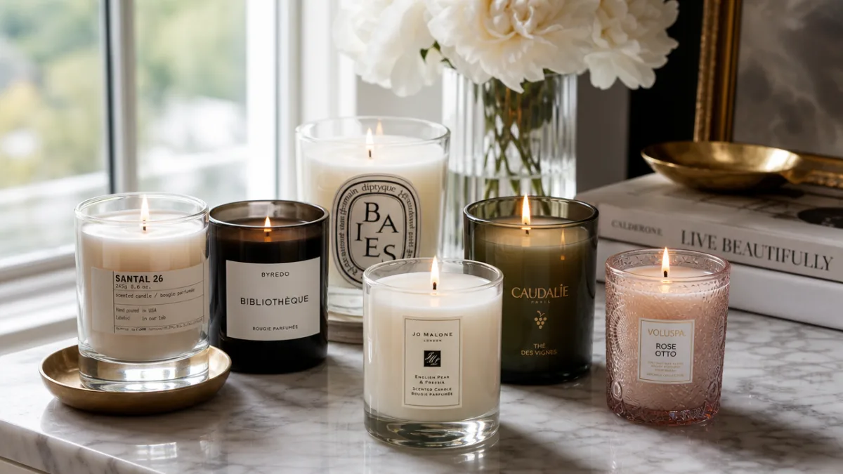an assortment of luxury scented candles in glass jars on a marble…