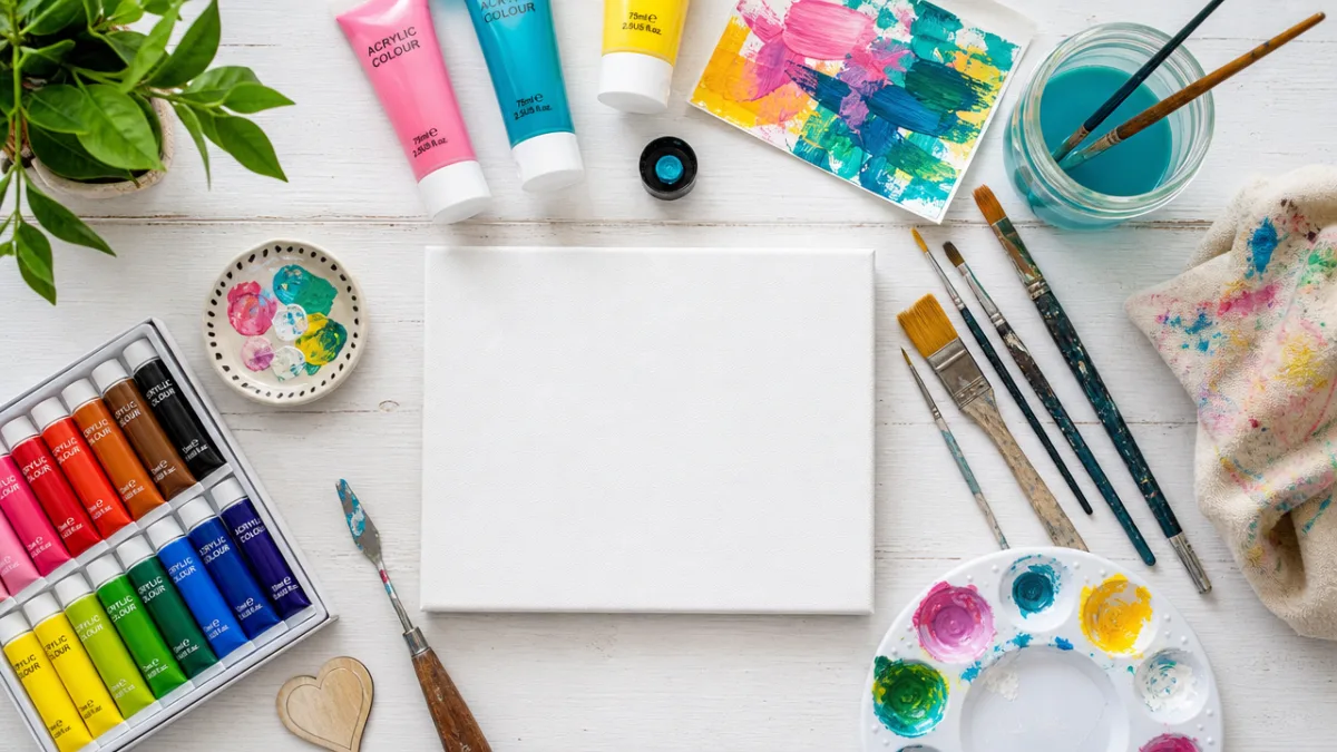 a flat lay of colorful acrylic paints, brushes, canvas, and crafting tools…