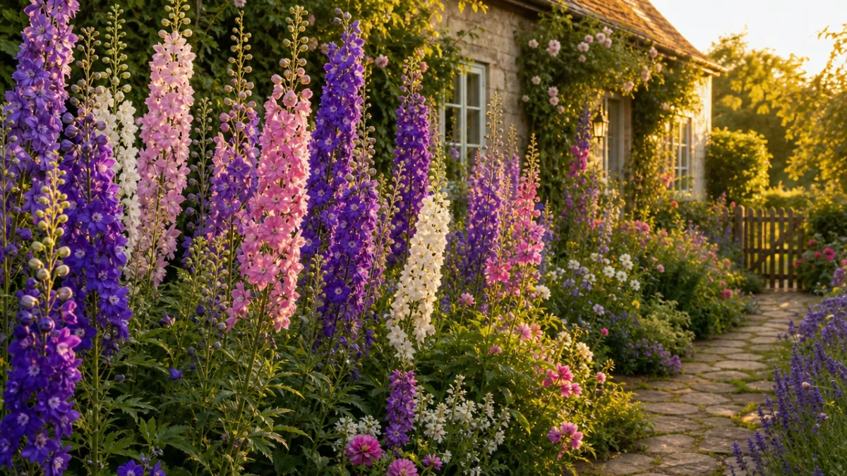 a lush cottage garden border filled with tall larkspur spires in shades…